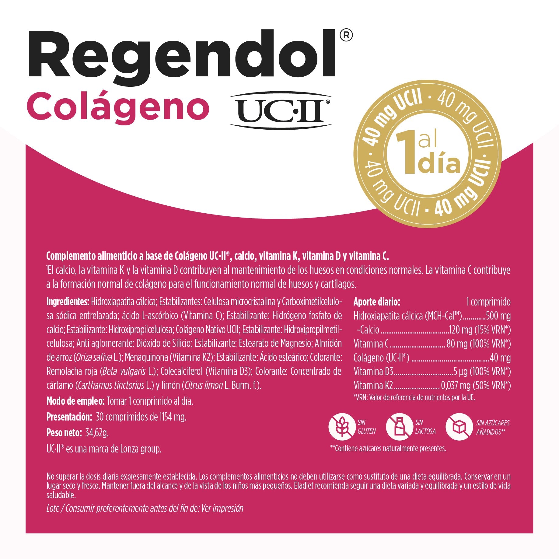 Regendol Colageno UCII 30 Comprimidos | Eladiet - Dietetica Ferrer