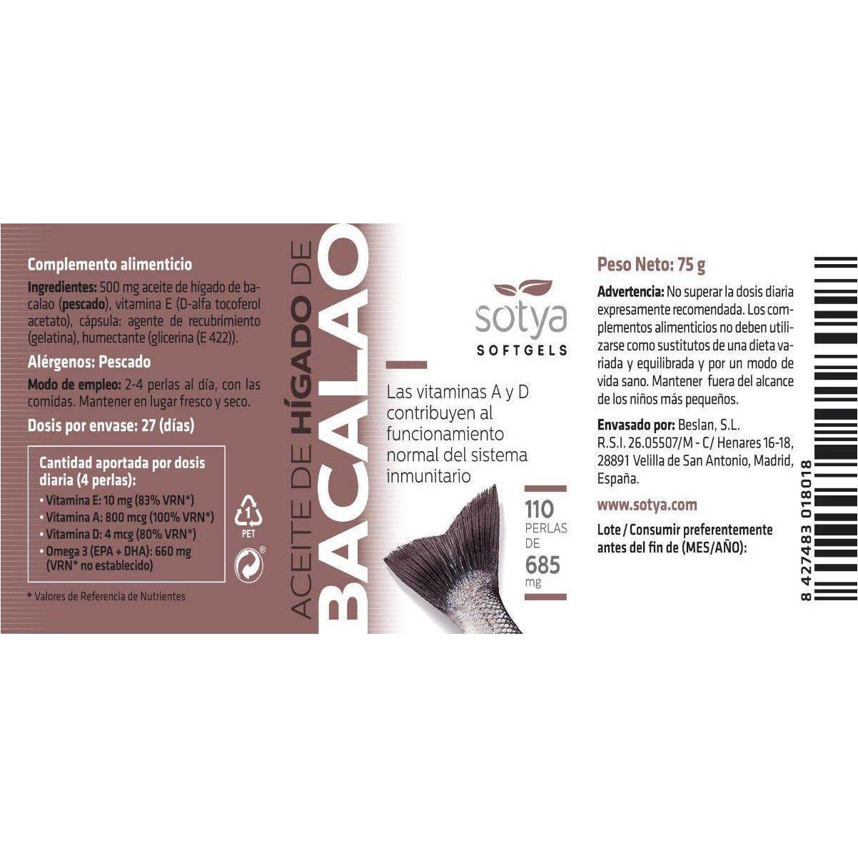 Aceite de Higado de Bacalao 110 Perlas | Sotya - Dietetica Ferrer