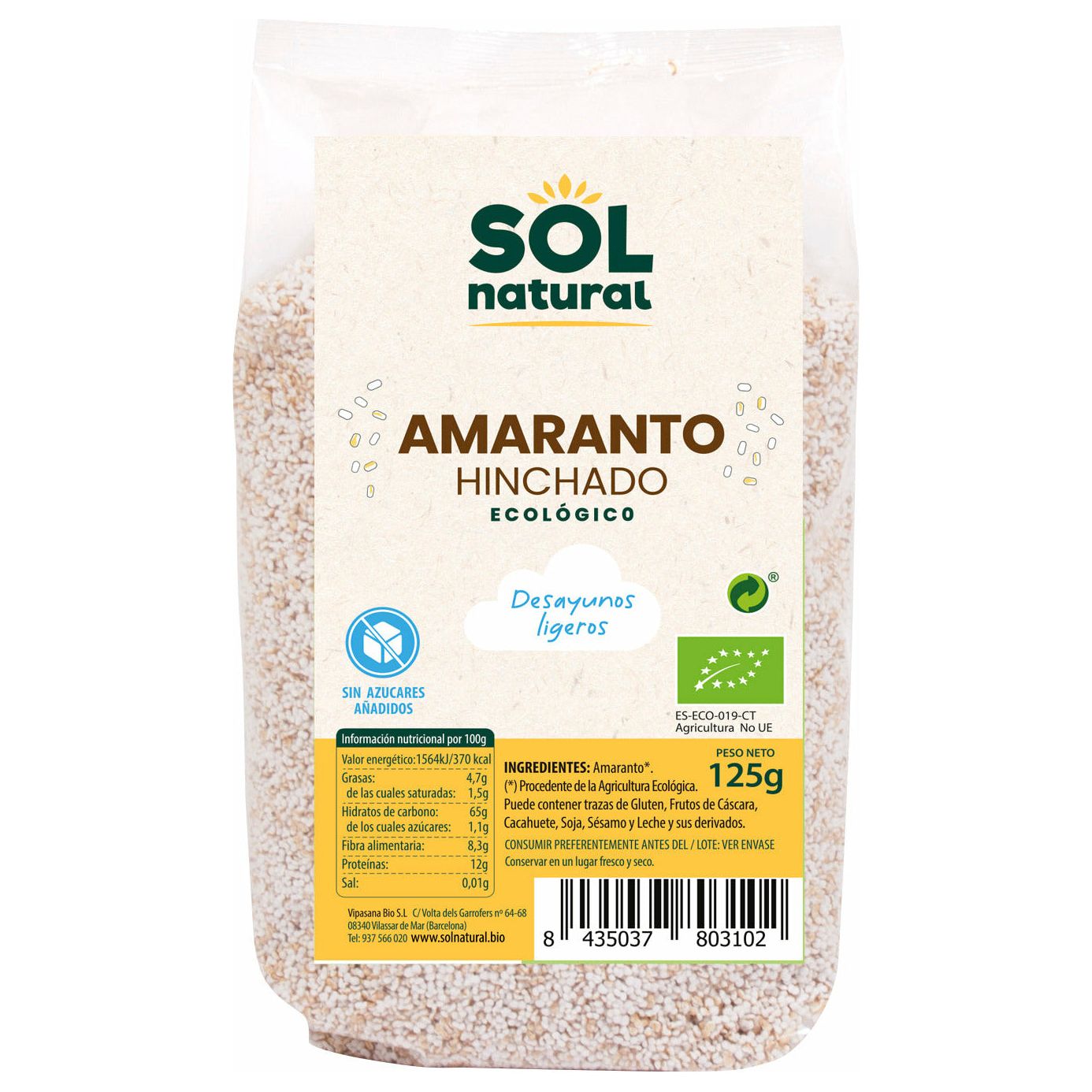 Amaranto Hinchado Bio 125 gr | Sol Natural - Dietetica Ferrer