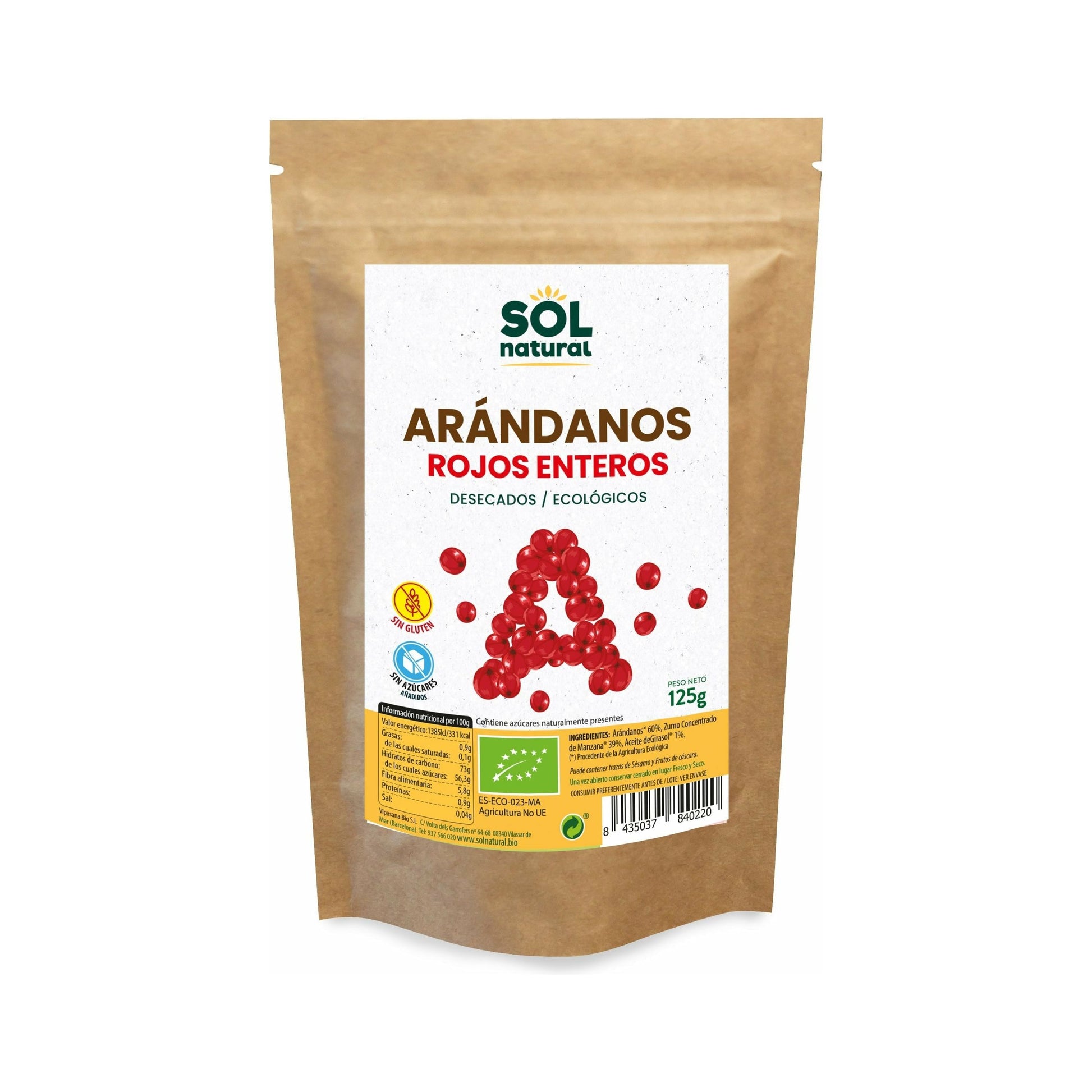 Arandanos Rojos de Canada Sin Azucar Bio 125 gr | Sol Natural - Dietetica Ferrer