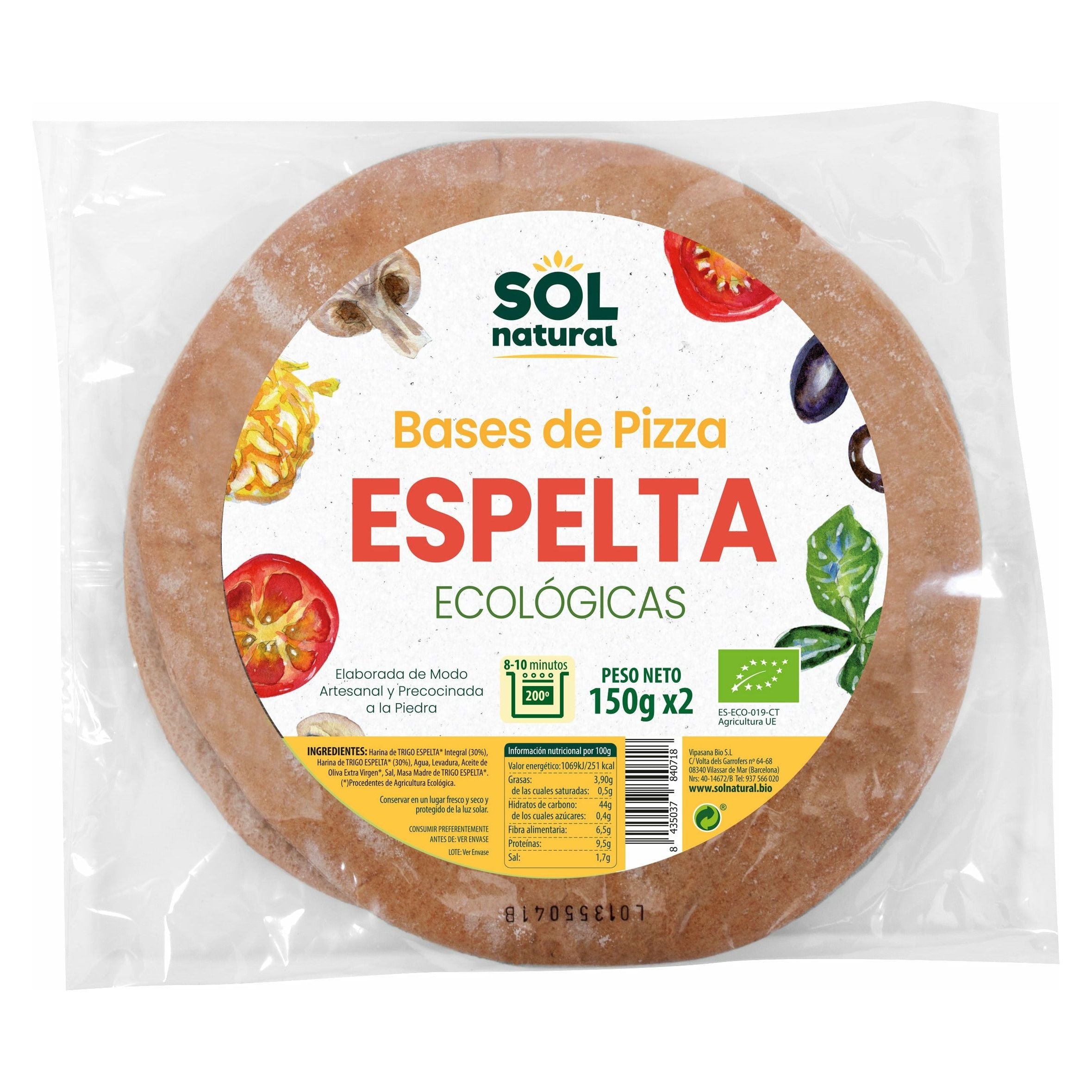 Base de Pizza de Espelta Integral 2 x 150 gr | Sol Natural - Dietetica Ferrer