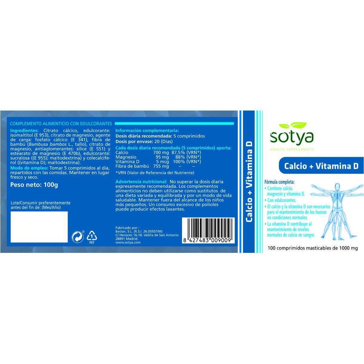 Calcio con Vitamina D3 Masticable 100 Comprimidos | Sotya - Dietetica Ferrer