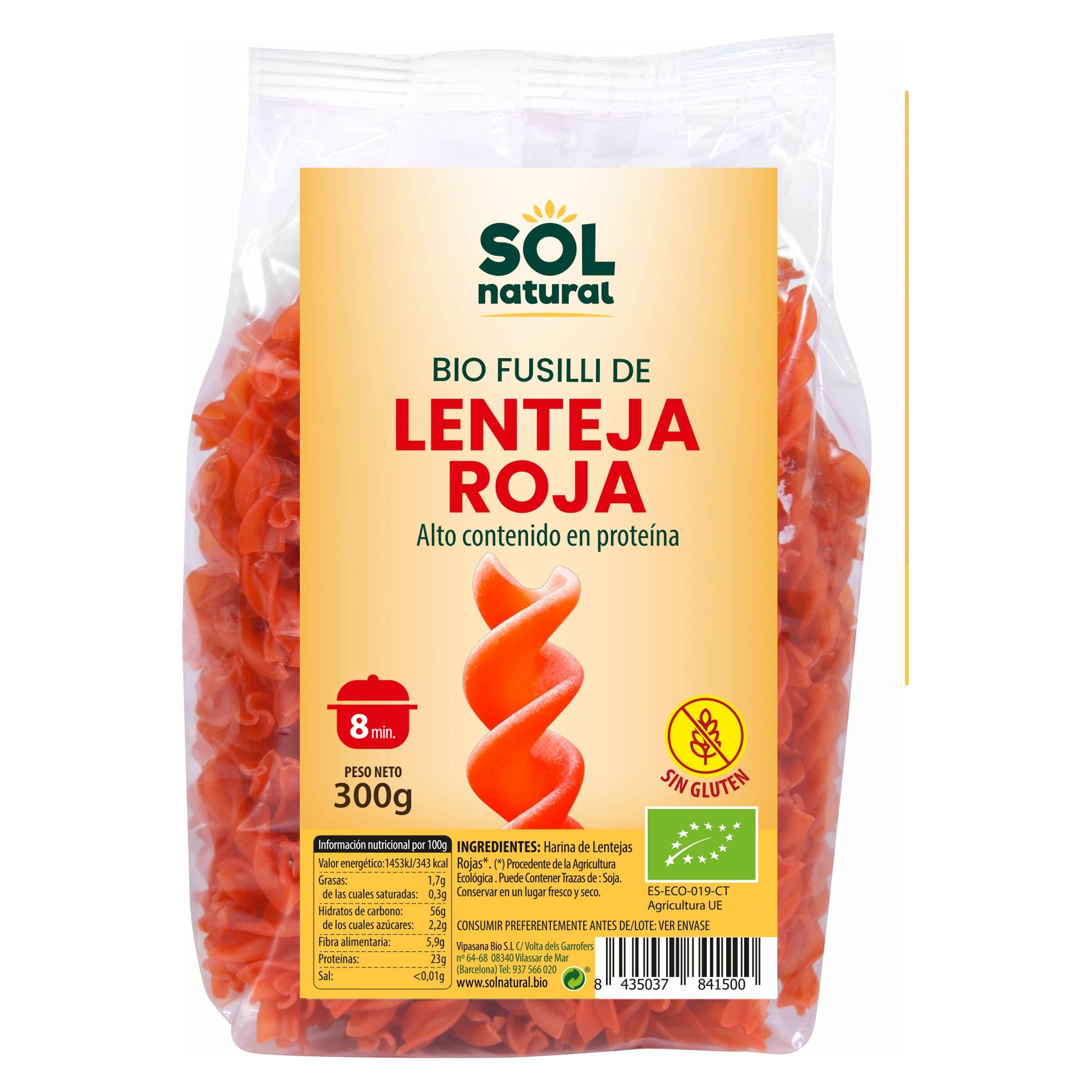 Fusilli de Lenteja Roja Bio 300 gr | Sol Natural - Dietetica Ferrer