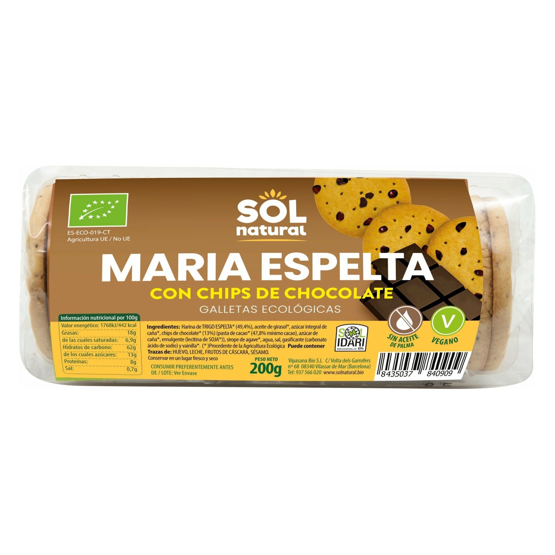 Galletas Maria Espelta Con Chips de Chocolate Bio 200 gr | Sol Natural - Dietetica Ferrer