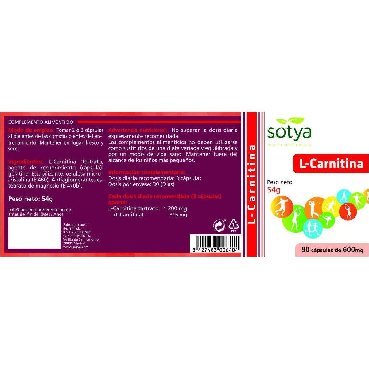 L Carnitina 600 mg 90 Capsulas | Sotya - Dietetica Ferrer