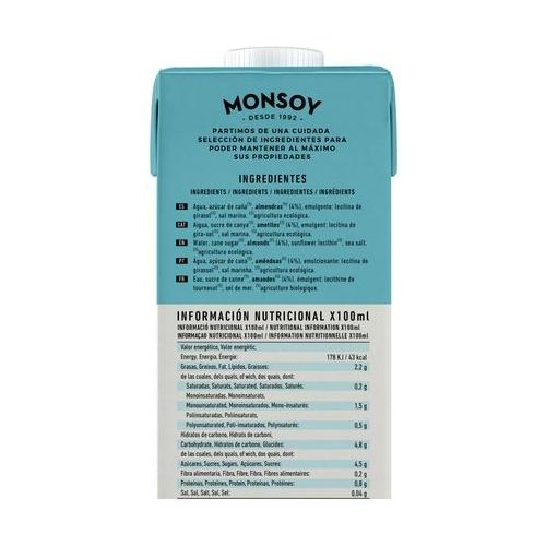 Leche de Almendras Bio 1 Litro Pack de 6 | Monsoy - Dietetica Ferrer