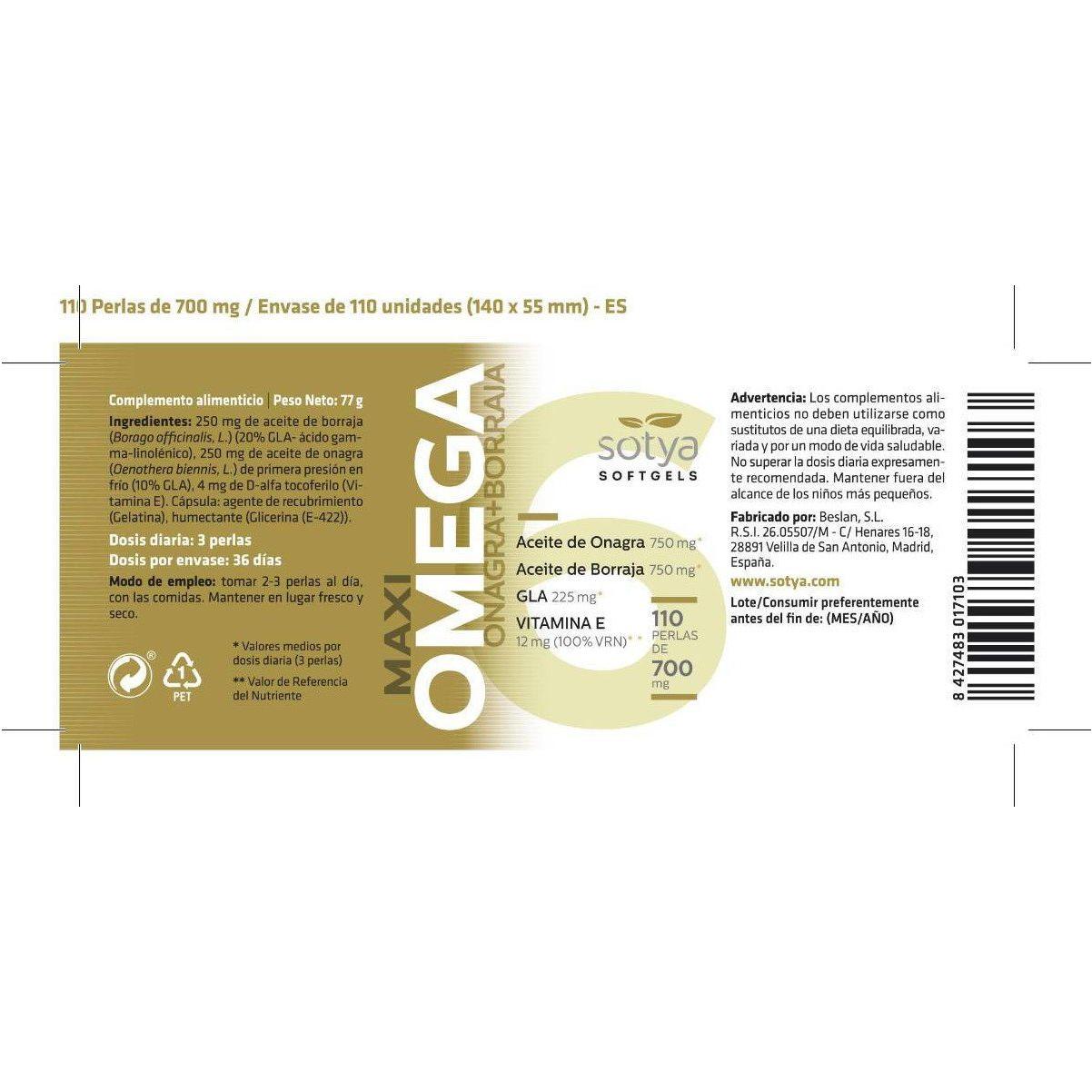 Maxi Omega Onagra y Borraja 110 Perlas | Sotya - Dietetica Ferrer