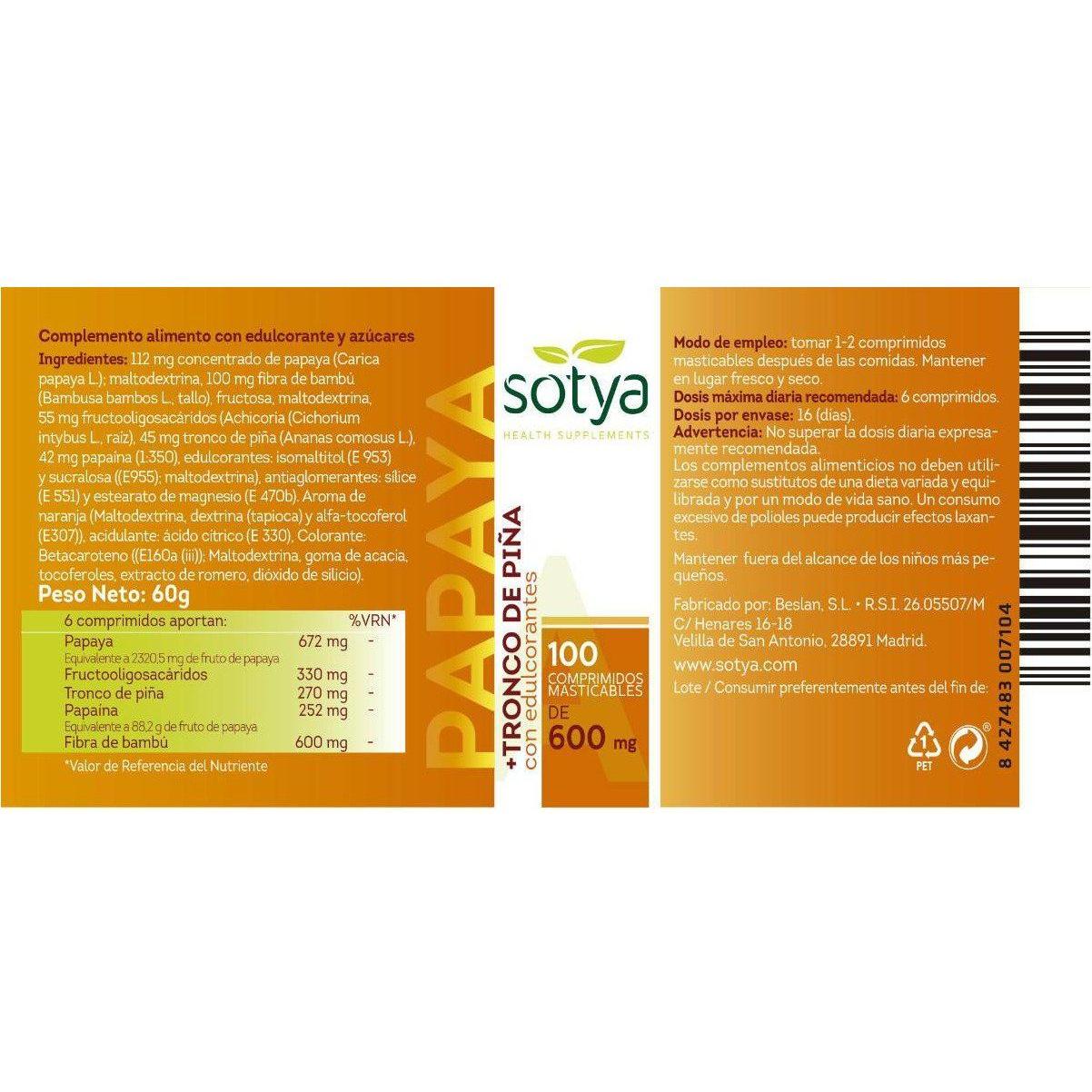 Papaya 100 Comprimidos | Sotya - Dietetica Ferrer