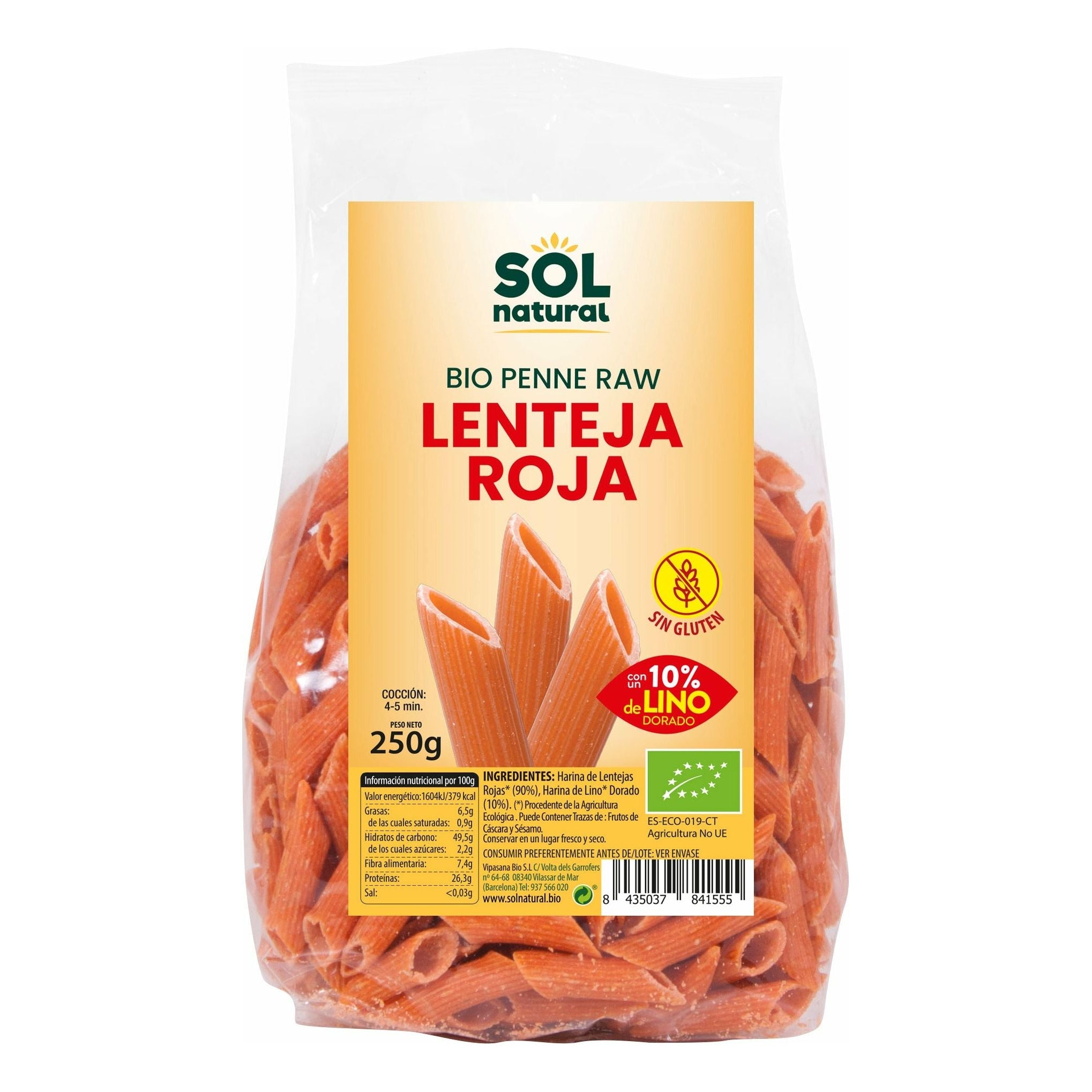 Penne Lenteja Roja Con Lino Bio 250 gr | Sol Natural - Dietetica Ferrer