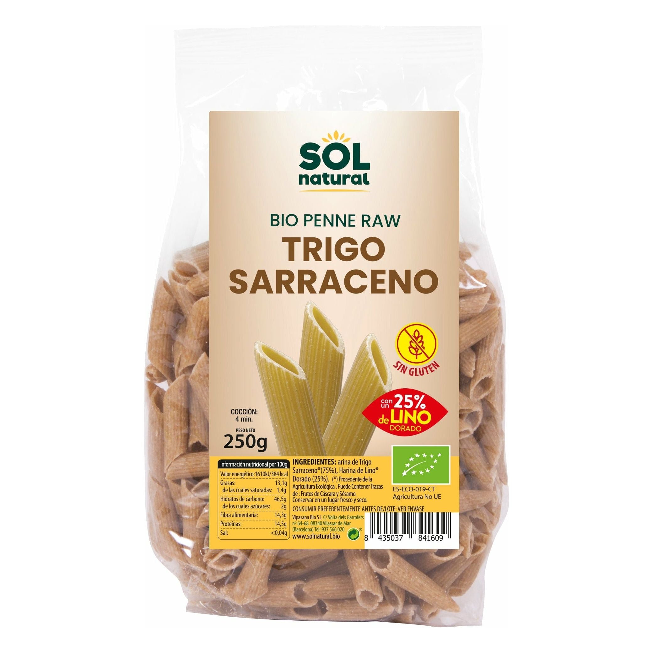 Penne Trigo Sarraceno Lino Bio 250 gr | Sol Natural - Dietetica Ferrer