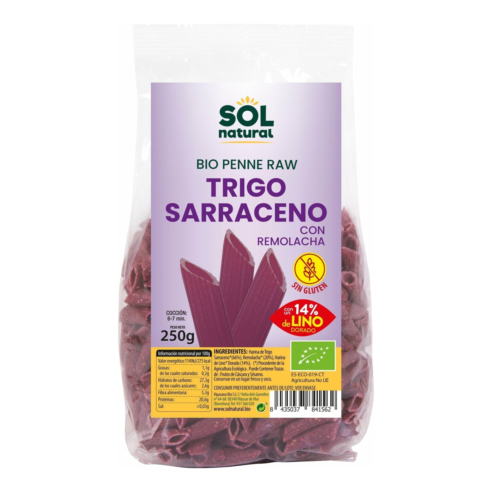 Penne Trigo Sarraceno Remolacha Lino Bio 250 gr | Sol Natural - Dietetica Ferrer