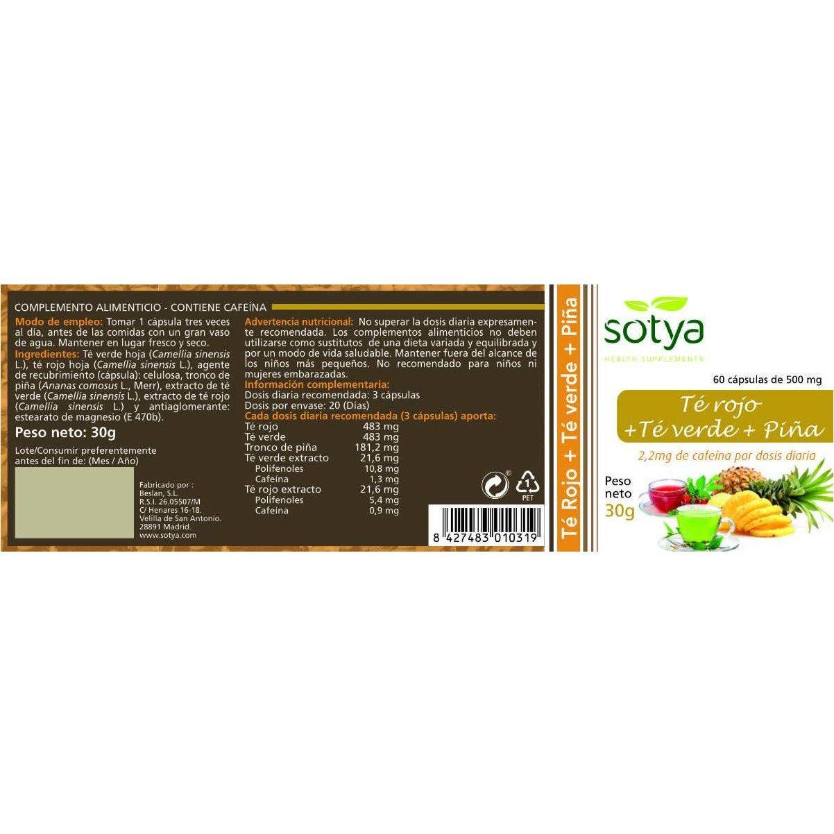 Te Verde con Te Rojo y Piña 500 mg 60 Capsulas | Sotya - Dietetica Ferrer