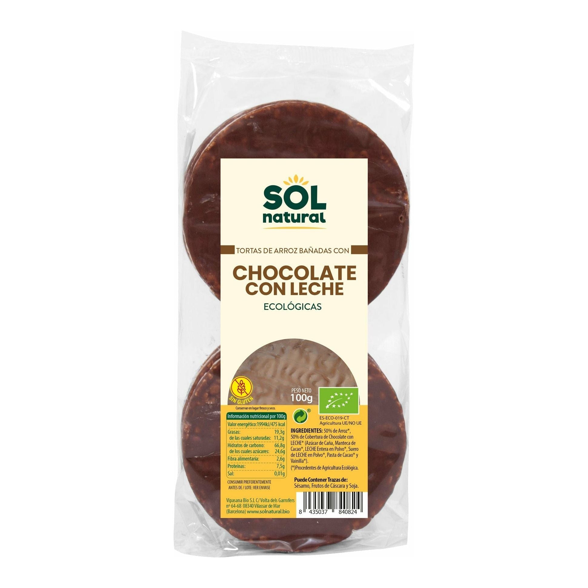Tortas de Arroz Bañadas Con Chocolate Con Leche Bio 6 Unidades | Sol Natural - Dietetica Ferrer