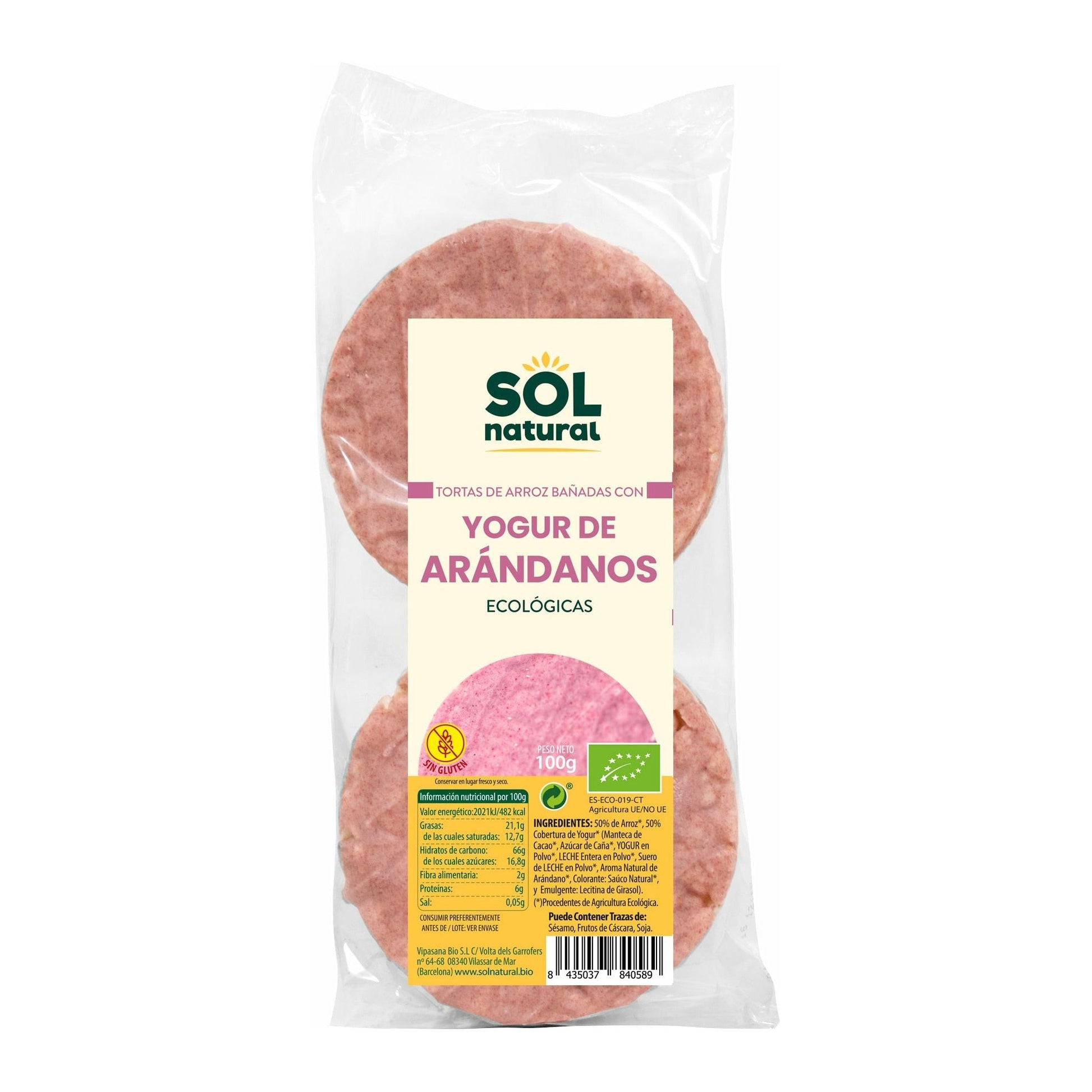Tortas de Arroz Bañadas Con Yogur de Arandano Bio 6 Unidades | Sol Natural - Dietetica Ferrer