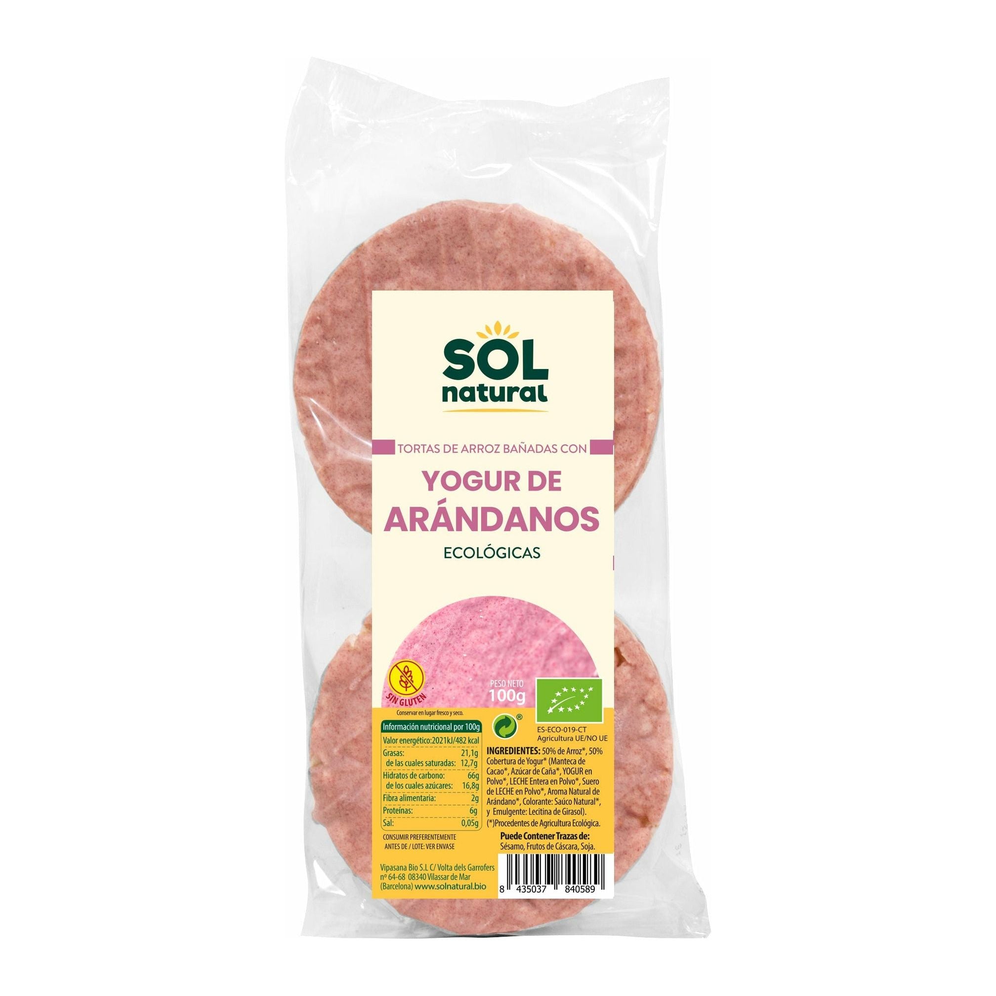 Tortas de Arroz Bañadas Con Yogur de Arandano Bio 6 Unidades | Sol Natural - Dietetica Ferrer