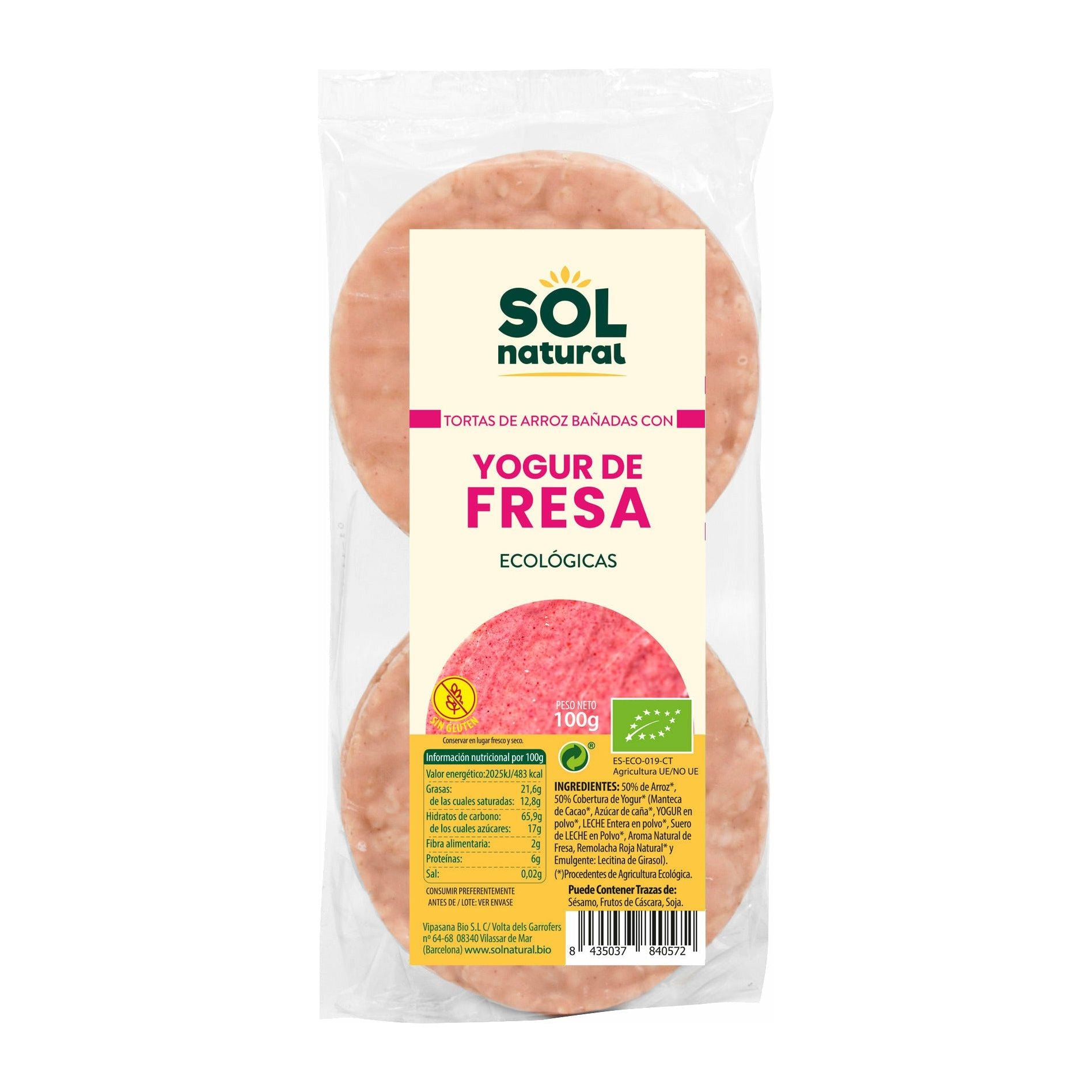 Tortas de Arroz Bañadas Con Yogur de Fresa Bio 6 Unidades | Sol Natural - Dietetica Ferrer