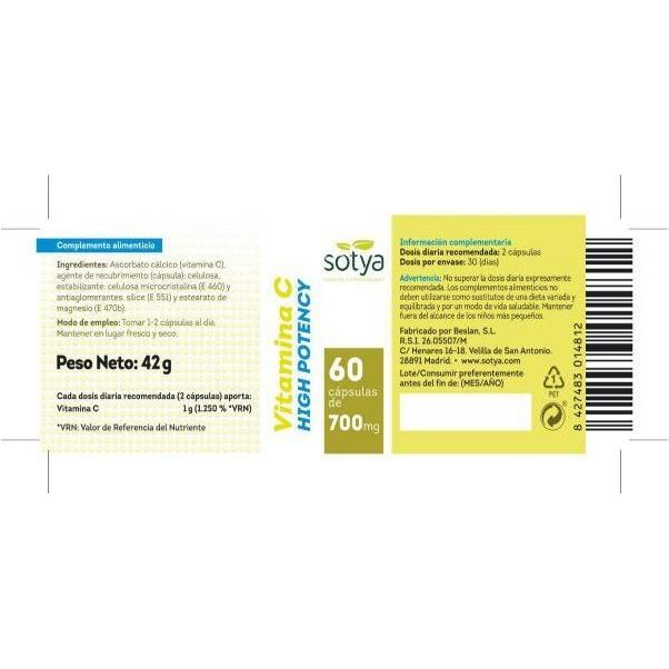 Vitamin C High Potency 700 mg 60 Capsulas | Sotya - Dietetica Ferrer