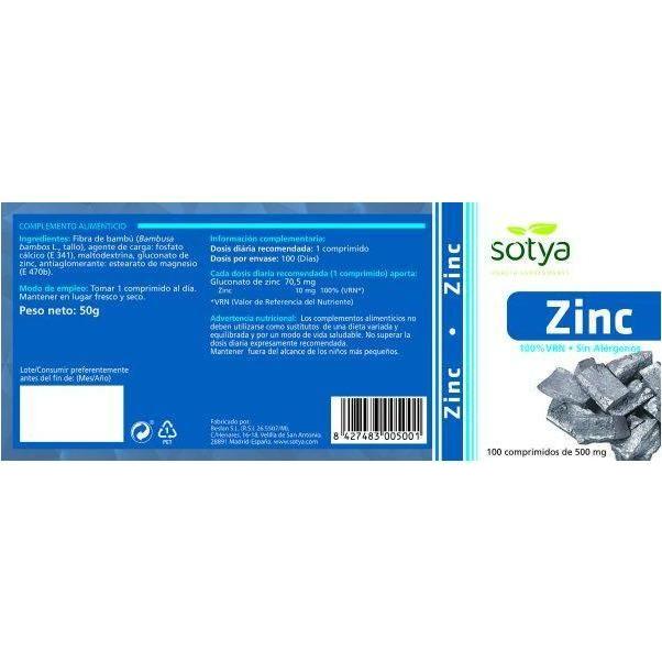 Zinc sin Gluten 500 mg 100 Comprimidos | Sotya - Dietetica Ferrer