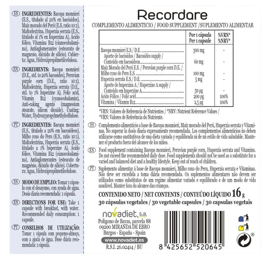 Recordare 30 cápsulas | Novadiet - Dietetica Ferrer