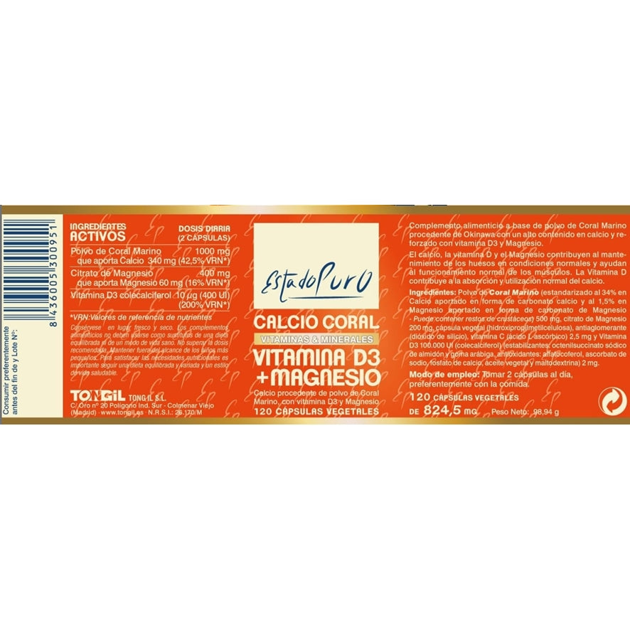 Estado Puro Calcio Coral Vitamina D3 Magnesio 120 Capsulas | Tongil - Dietetica Ferrer