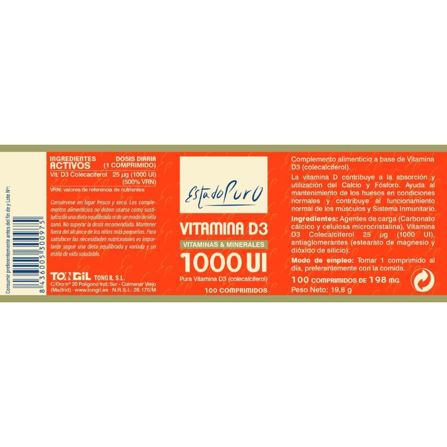 Estado Puro Vitamina D3 1000 Ui 100 Comprimidos | Tongil - Dietetica Ferrer