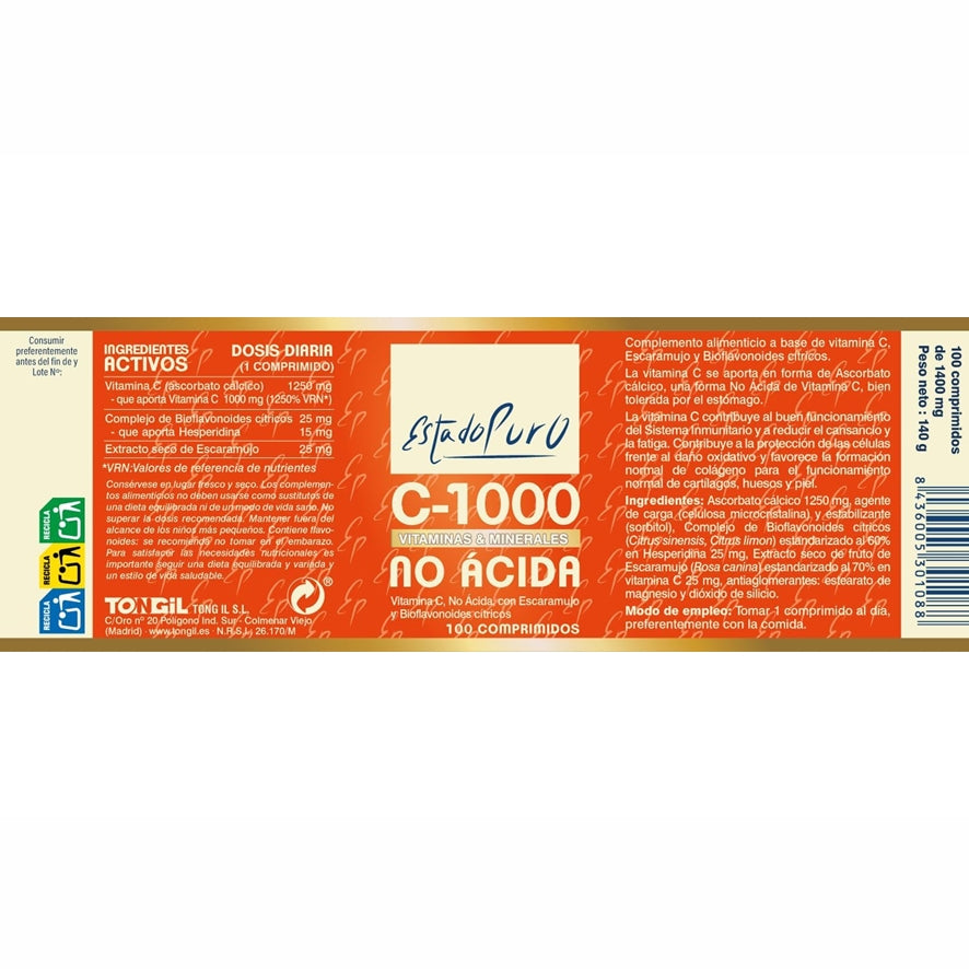 Estado Puro Vitamina C 1000 no Acida 100 Comprimidos | Tongil - Dietetica Ferrer