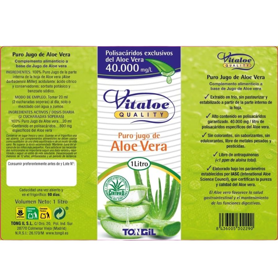 Vitaloe Jugo de Aloe Vera Ecologico 1 Litro | Tongil - Dietetica Ferrer
