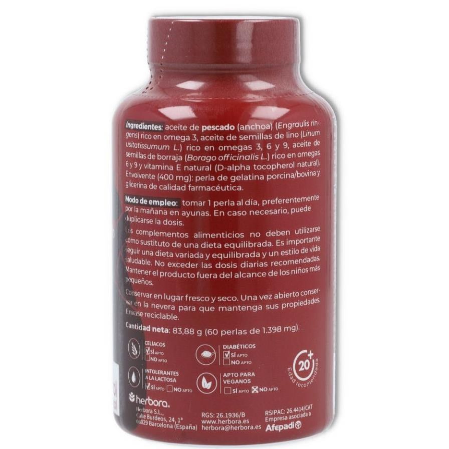 Omega 3 6 9 con Vitamina E 60 Perlas | Herbora - Dietetica Ferrer