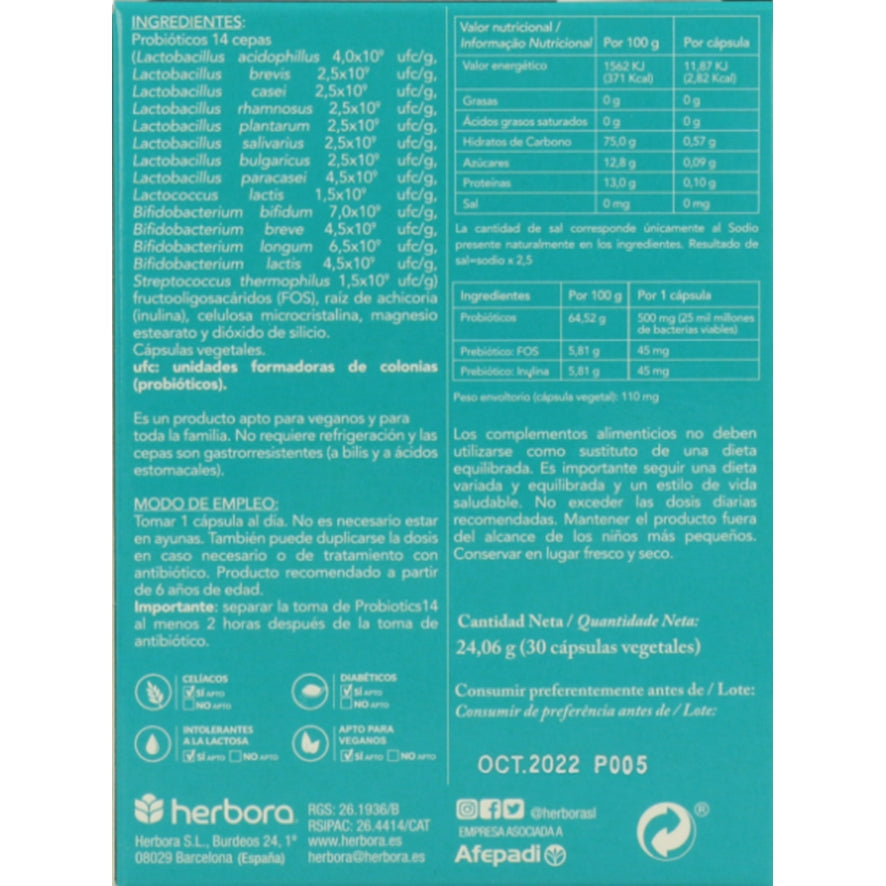 Probiotics 14 Bon Digest 30 Capsulas | Herbora - Dietetica Ferrer