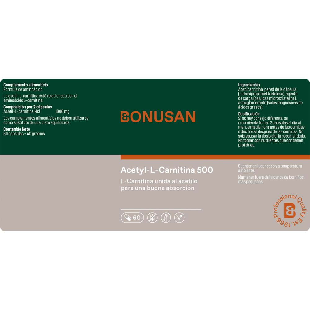 Acetyl L Carnitina 500 mg 60 Capsulas | Bonusan - Dietetica Ferrer