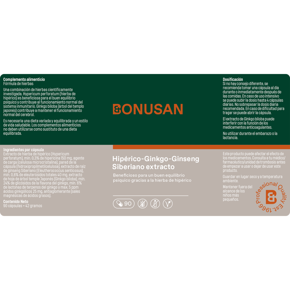 Hiperico Ginkgo Ginseng Siberiano 90 Capsulas | Bonusan - Dietetica Ferrer