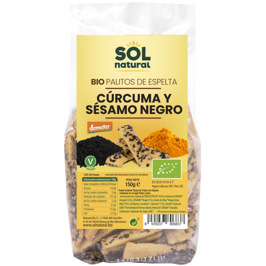 Palitos de Espelta Con Curcuma y Sesamo Negro Bio 150 gr | Sol Natural - Dietetica Ferrer
