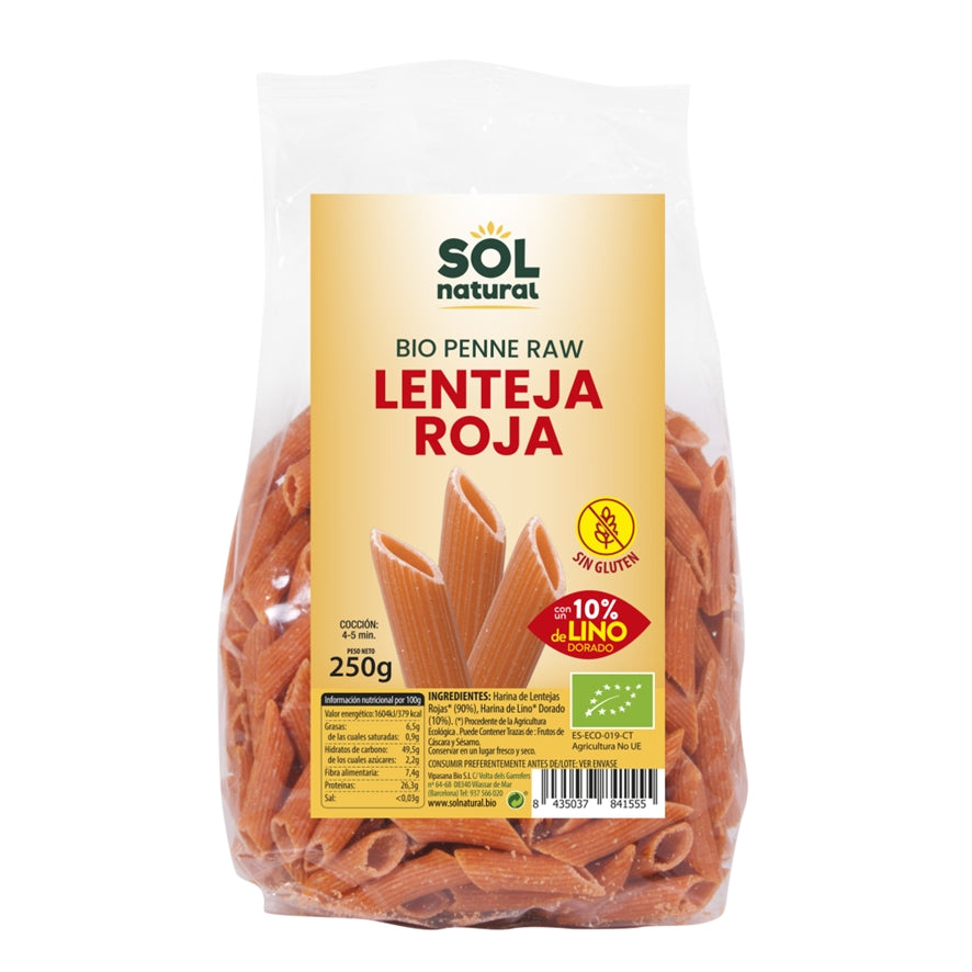 Penne Lenteja Roja Con Lino Bio 250 gr | Sol Natural - Dietetica Ferrer