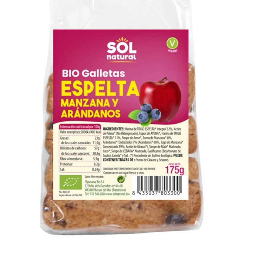 Galletas Espelta Manzana Arandanos Bio 175 gr | Sol Natural - Dietetica Ferrer