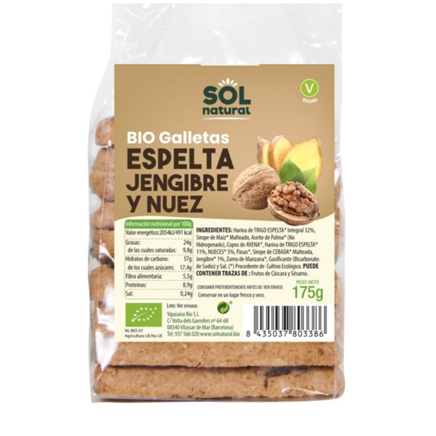 Galletas de Espelta Jengibre y Nueces Bio 175 gr | Sol Natural - Dietetica Ferrer