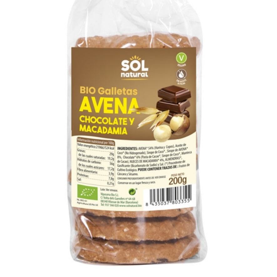 Galletas Avena Chocolate y Macadamia Bio 200 gr | Sol Natural - Dietetica Ferrer
