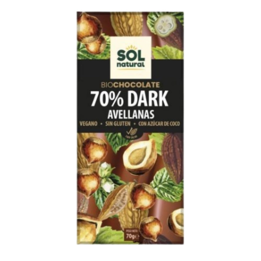 Chocolate Negro 70% con Avellanas Bio 70 gr | Sol Natural - Dietetica Ferrer