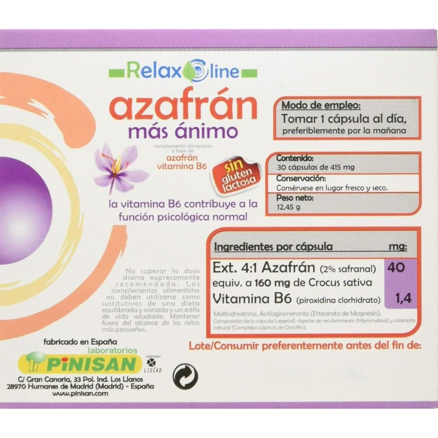 Relaxline Azafrán Más Ánimo 30 cápsulas | Pinisan - Dietetica Ferrer