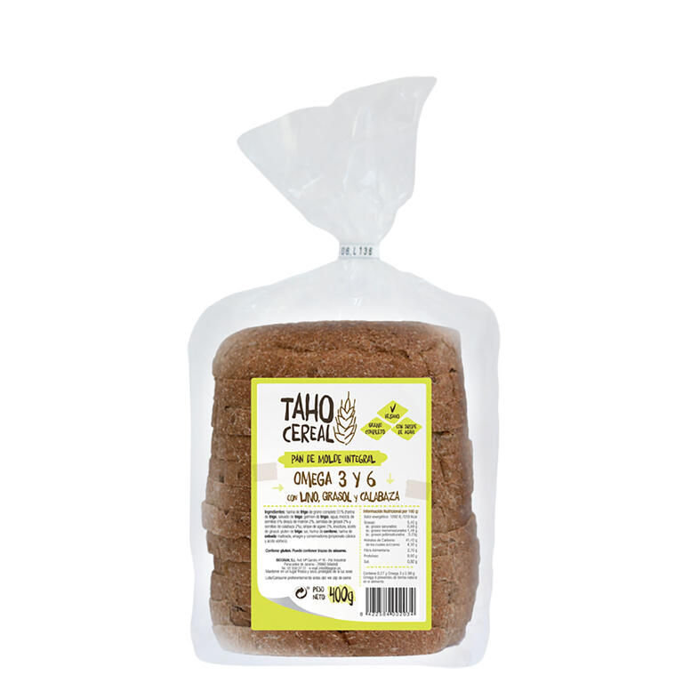 Pan de Molde Integral Omega Con Lino Girasol y Calabaza 400 gr | Taho Cereal - Dietetica Ferrer