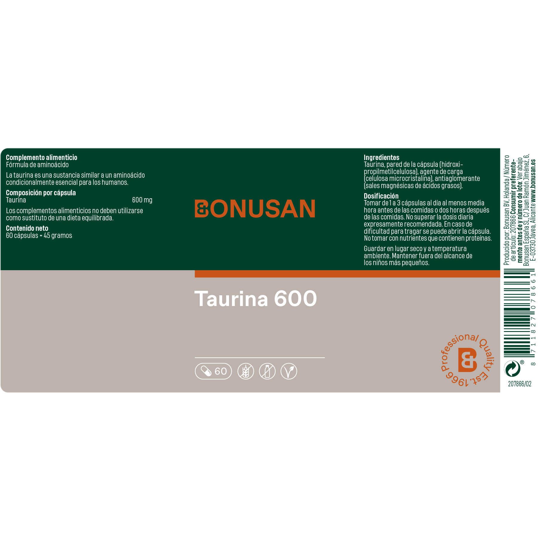 Taurina 600 mg 60 Capsulas | Bonusan