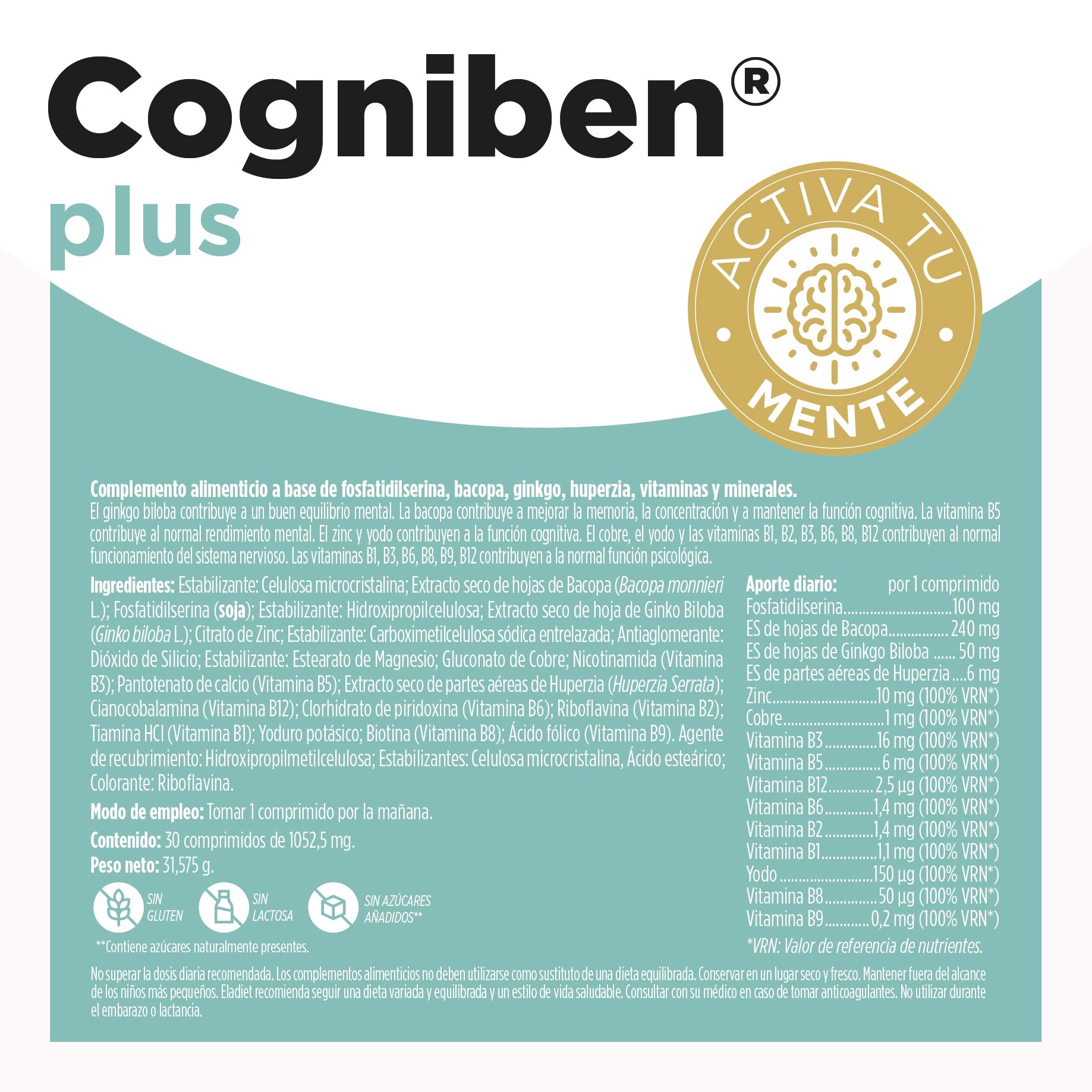Cogniben Plus 30 Comprimidos | Eladiet - Dietetica Ferrer
