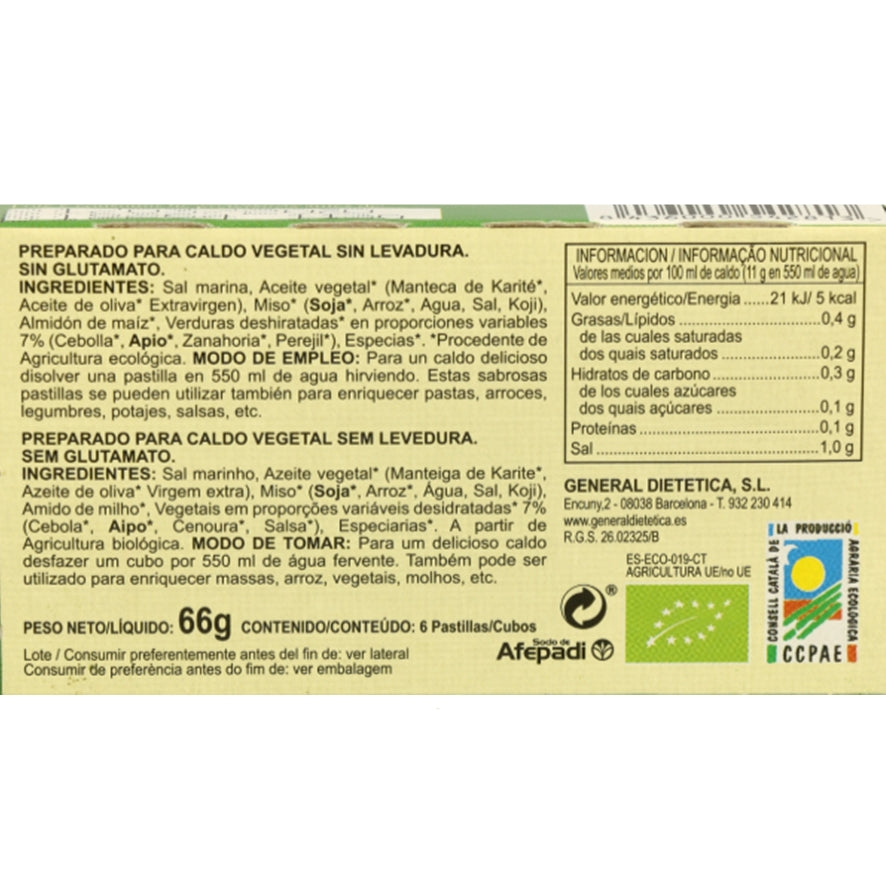 Caldo sin Levadura Cubitos Ecologicos 66 gr | Paloma Blanca - Dietetica Ferrer