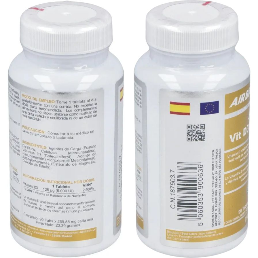 Vitamina D3 5000 UI 90 Tabletas | Airbiotic AB - Dietetica Ferrer