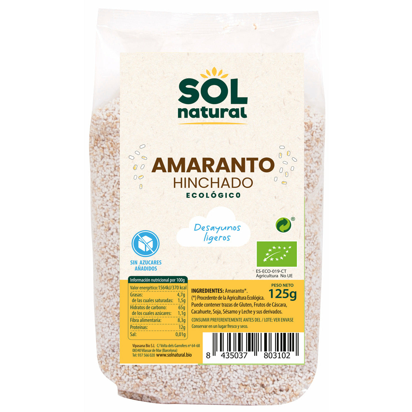 Amaranto Hinchado Bio 125 gr | Sol Natural - Dietetica Ferrer