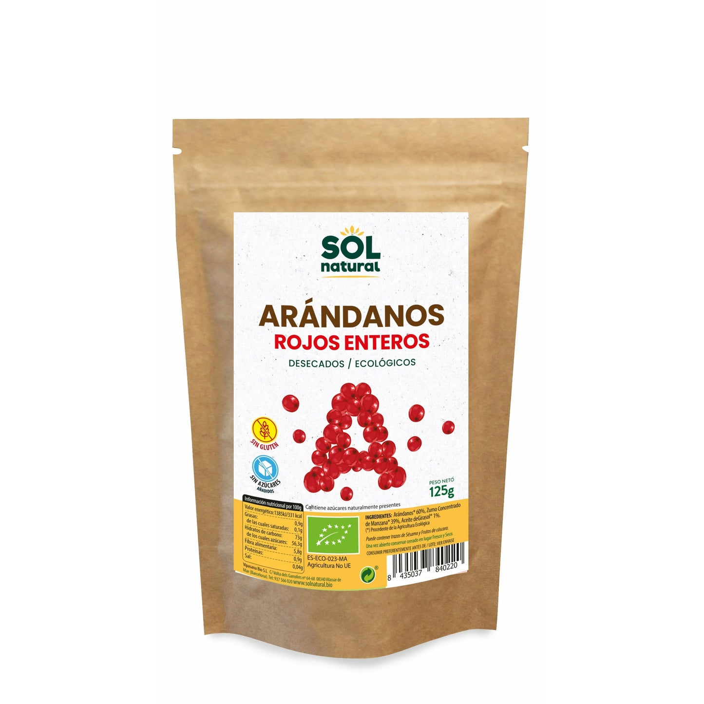 Arandanos Rojos de Canada Sin Azucar Bio 125 gr | Sol Natural - Dietetica Ferrer