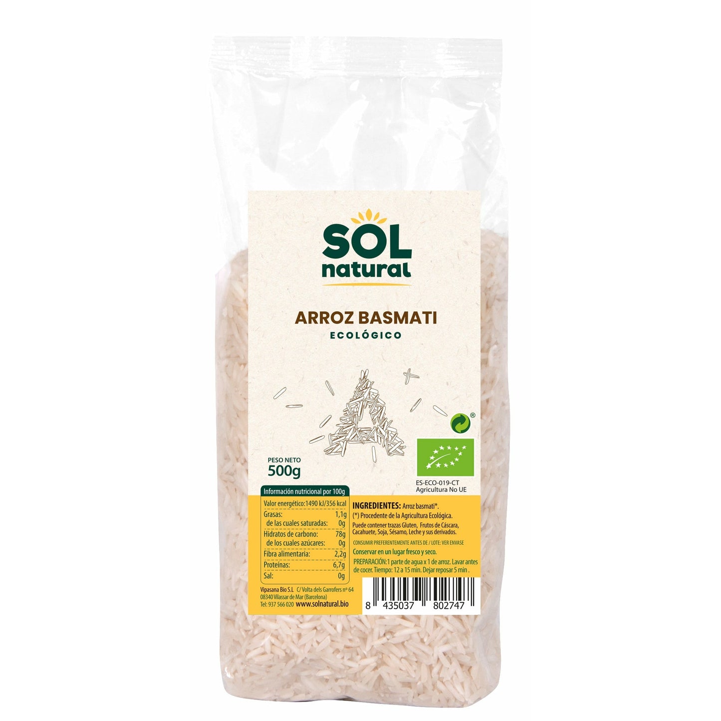 Arroz Basmati Blanco Bio 500 gr | Sol Natural - Dietetica Ferrer