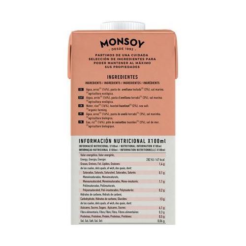 Bebida de Arroz con Avellanas Bio 1 Litro Pack de 6 | Monsoy - Dietetica Ferrer