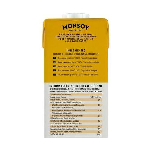 Bebida de Avena sin Gluten Bio 1 Litro Pack de 6 | Monsoy - Dietetica Ferrer