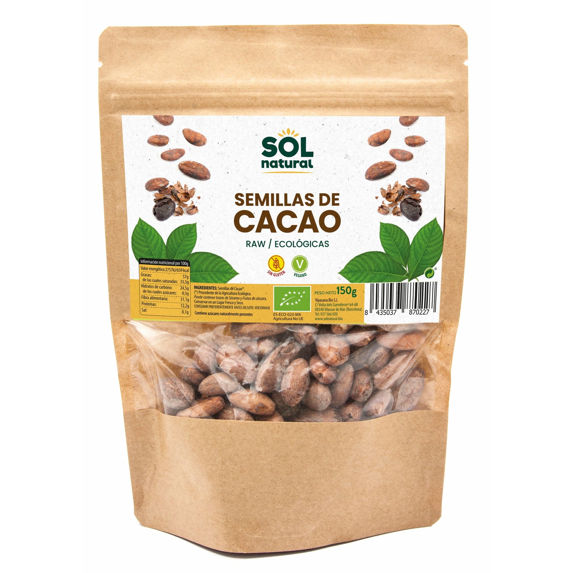 Cacao En Semillas Crudas Raw Bio 150 gr | Sol Natural - Dietetica Ferrer