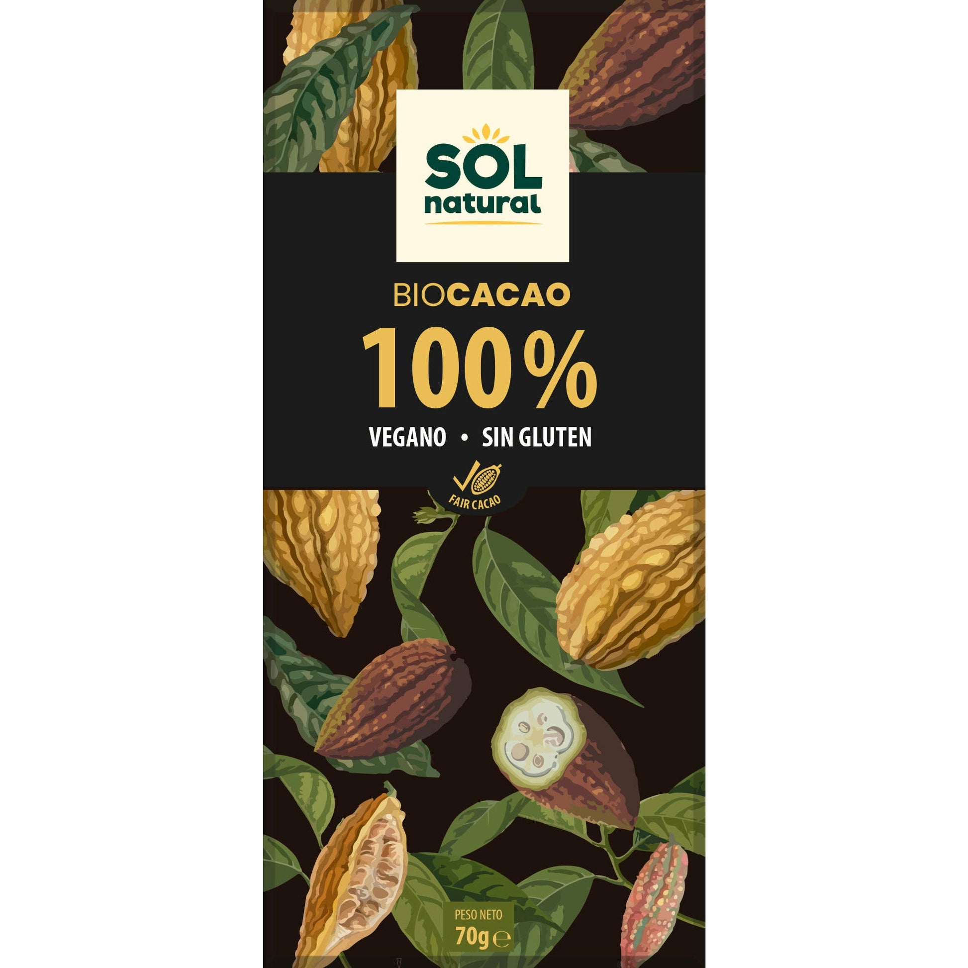 Chocolate Bio Cacao 100% 70 gr | Sol Natural - Dietetica Ferrer